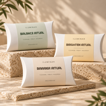 Three ILUMINAR discovery kits in white pillow-style boxes labeled Balance Ritual, Brighten Ritual, and Barrier Ritual, arranged on stone blocks against a warm beige background with soft leaf shadows.